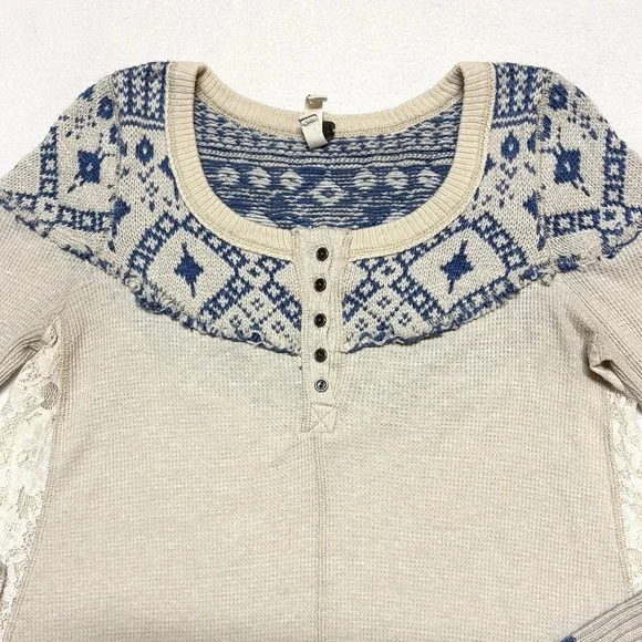 Free People Henley Shirt XS Cabin In Woods Cream Knit Lace Waffle Boho Fair Isle - Picture 2 of 11